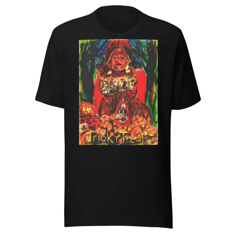 Black unisex t-shirt featuring colorful horror artwork for Trick R Treat Halloween