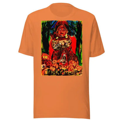 Orange unisex t-shirt with colorful Halloween trick r treat artwork for festive occasions