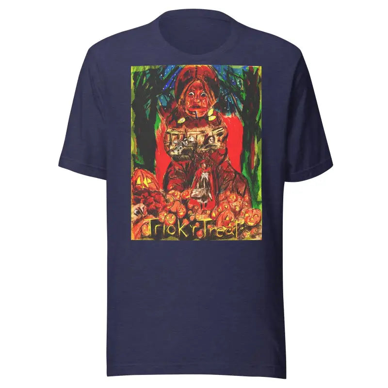 Navy blue unisex t-shirt with colorful horror artwork for Trick R Treat Halloween