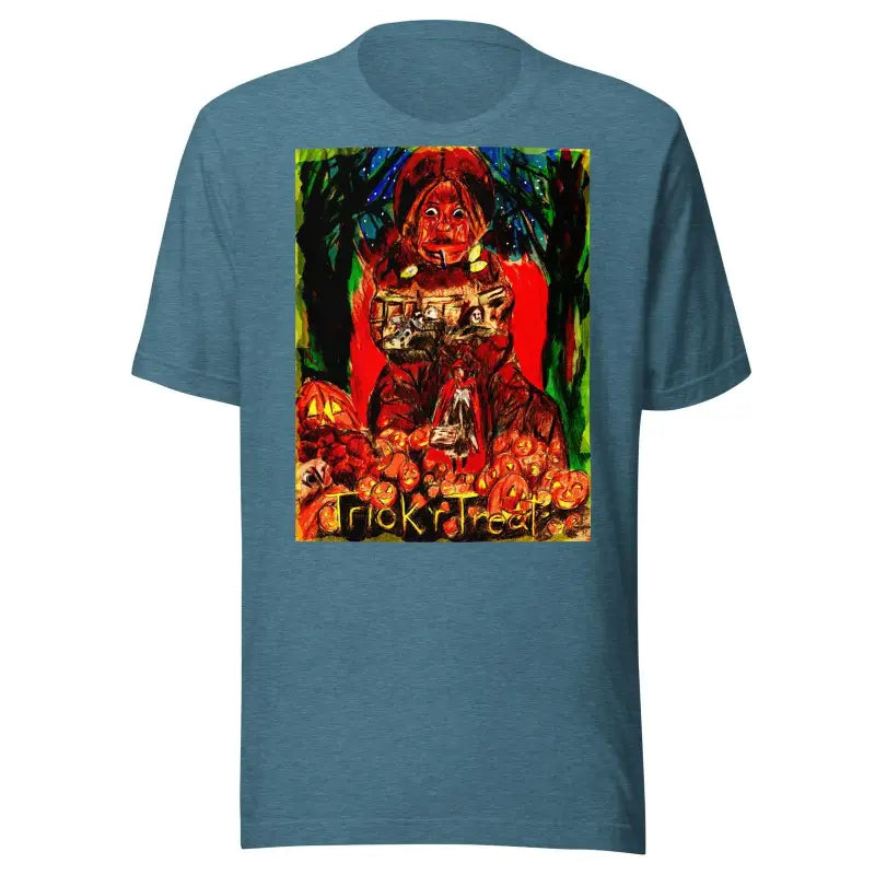 Slate blue unisex t-shirt with Halloween art for Trick R Treat celebrations