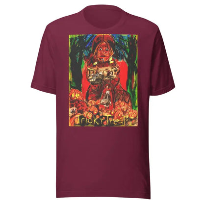 Burgundy unisex Halloween t-shirt featuring Trick R Treat pumpkins and spooky artwork