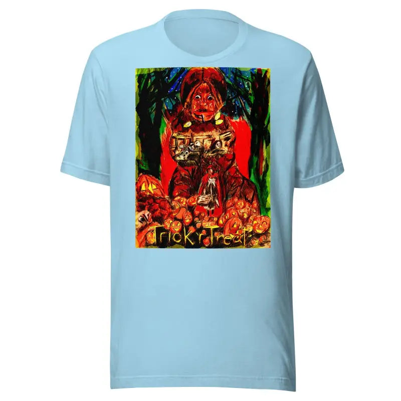 Light blue unisex Halloween t-shirt featuring spooky pumpkins for Trick R Treat