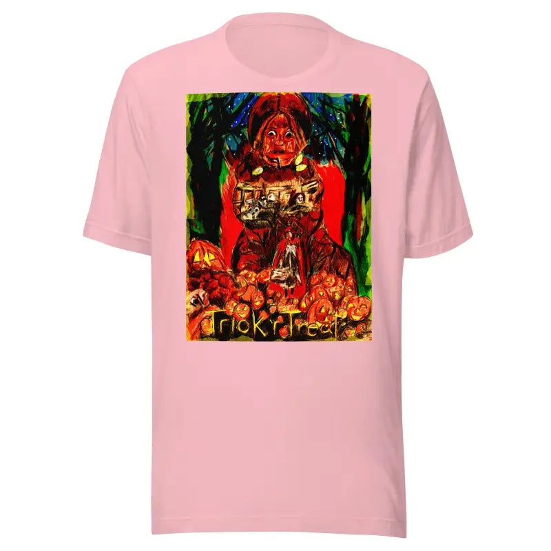 Pink unisex t-shirt with colorful horror design for Trick R Treat Halloween fun