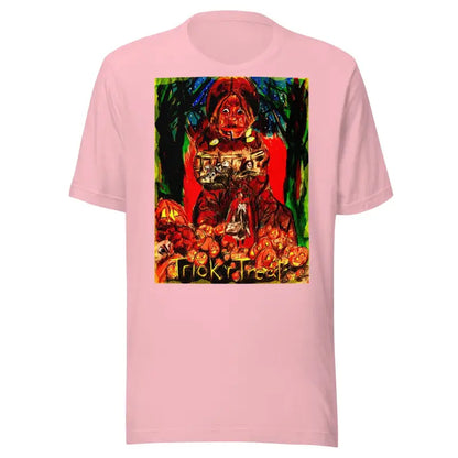 Pink unisex t-shirt with colorful horror design for Trick R Treat Halloween fun