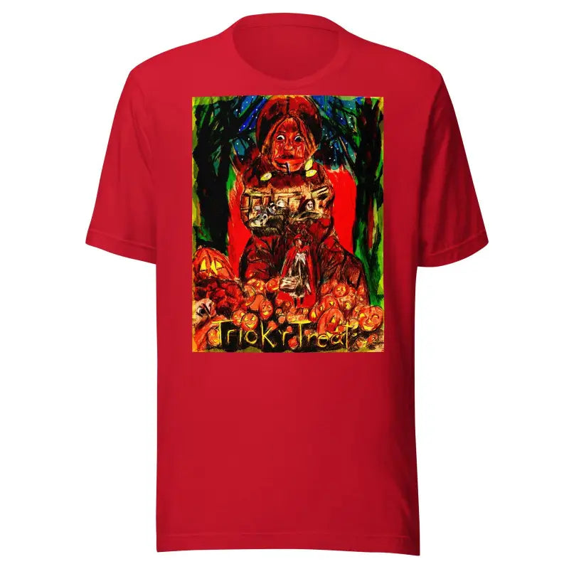 Red Unisex T-shirt featuring Halloween trick r treat artwork and festive imagery