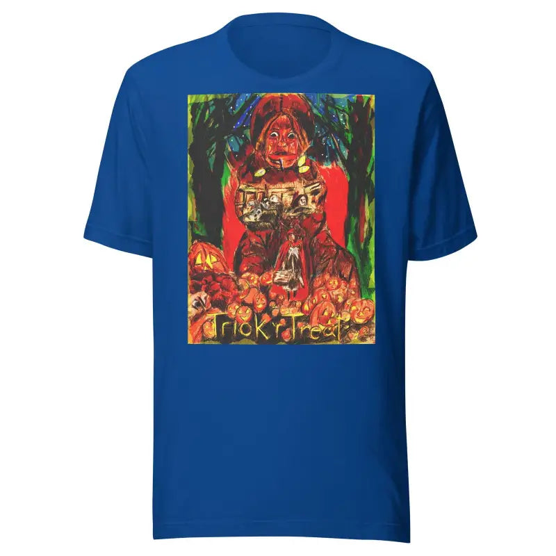 Royal blue unisex t-shirt with colorful horror artwork for Trick R Treat Halloween