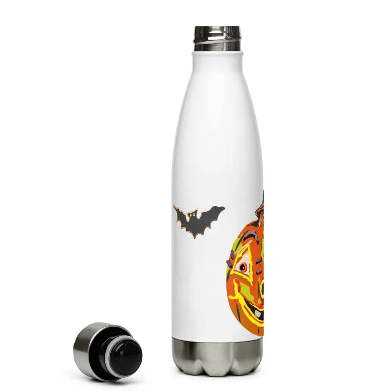 White stainless steel water bottle featuring Halloween pumpkin and bat designs