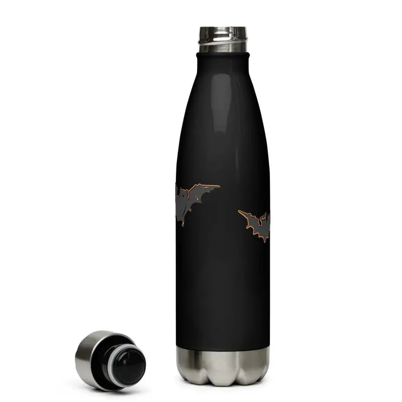 Black stainless steel water bottle featuring whimsical bat designs for Halloween decor