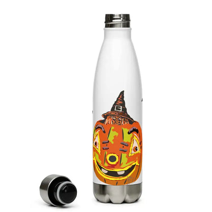 White stainless steel water bottle featuring a smiling Halloween pumpkin in a witch hat