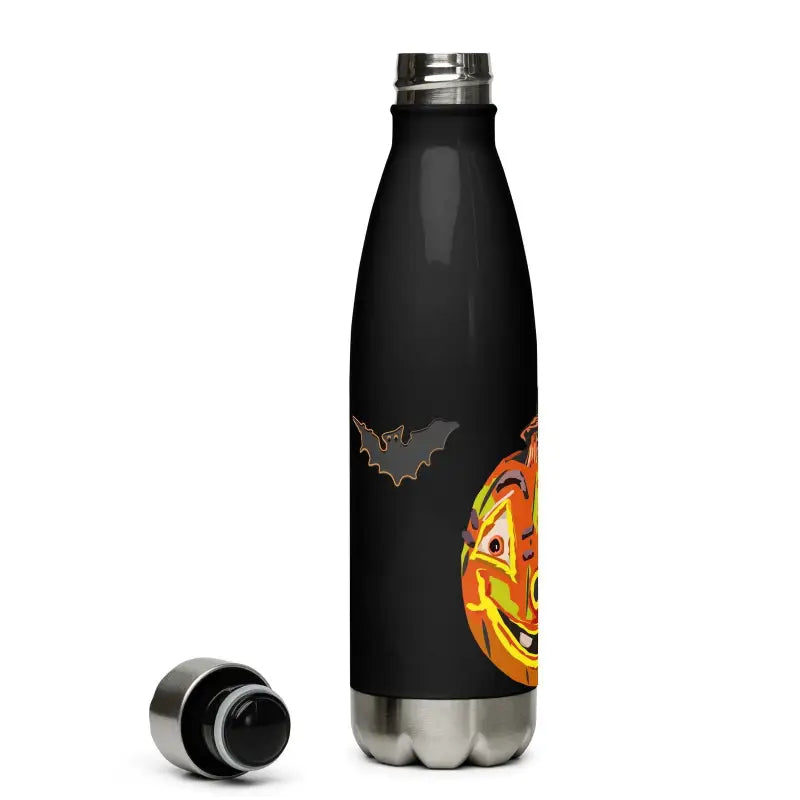 Black stainless steel water bottle featuring Halloween designs of a bat and jack-o-lantern