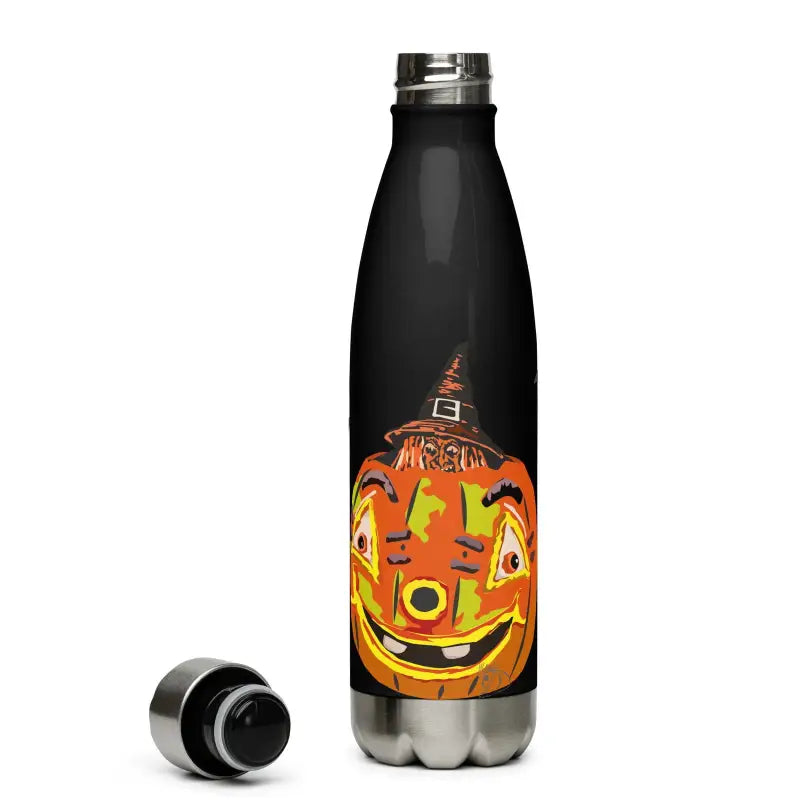 Black stainless steel water bottle featuring a whimsical Halloween pumpkin design