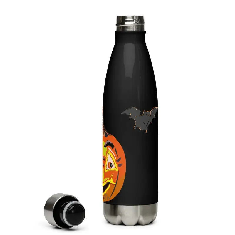 Black stainless steel water bottle featuring Halloween pumpkin and bat designs