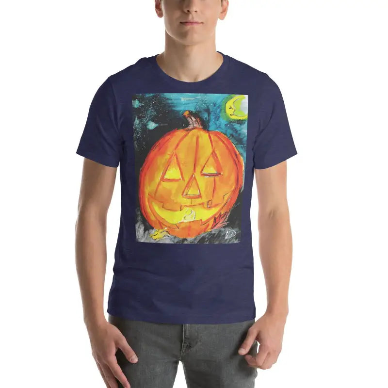 Navy blue t-shirt with glowing jack-o’-lantern, perfect for spooky soft unisex style