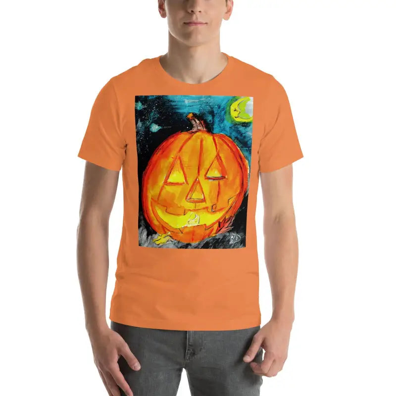 Orange t-shirt with jack-o’-lantern design from Embrace the Spirit in Spooky Soft Unisex