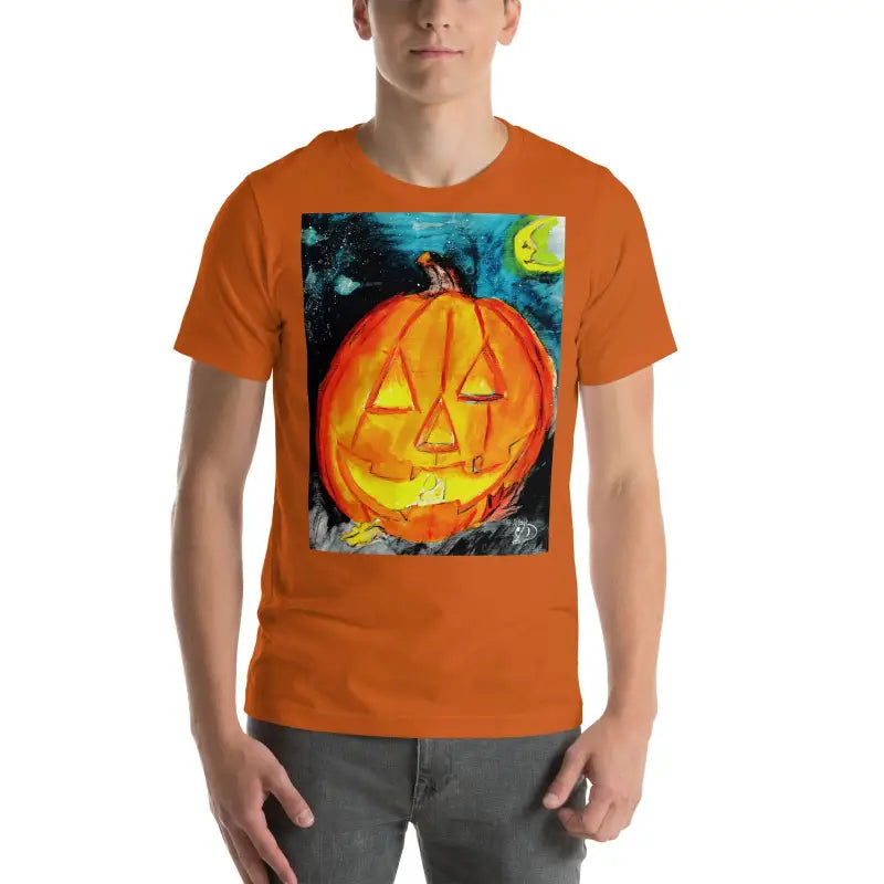 Orange t-shirt with Halloween jack-o’-lantern art in spooky soft unisex design