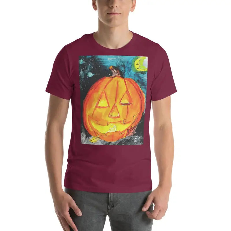 Carved jack-o’-lantern with glowing eyes, embodying spooky soft unisex elegance