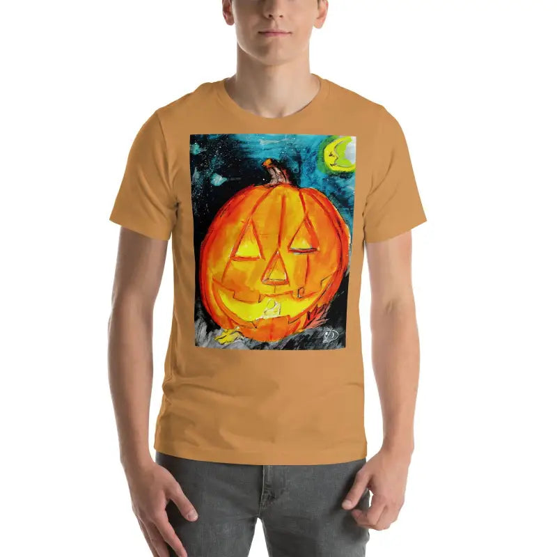 Orange t-shirt with carved Halloween jack-o’-lantern artwork for spooky soft unisex style