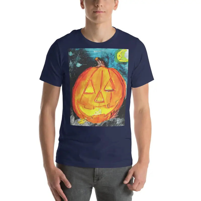 Navy blue t-shirt with glowing jack-o’-lantern design for spooky soft unisex style