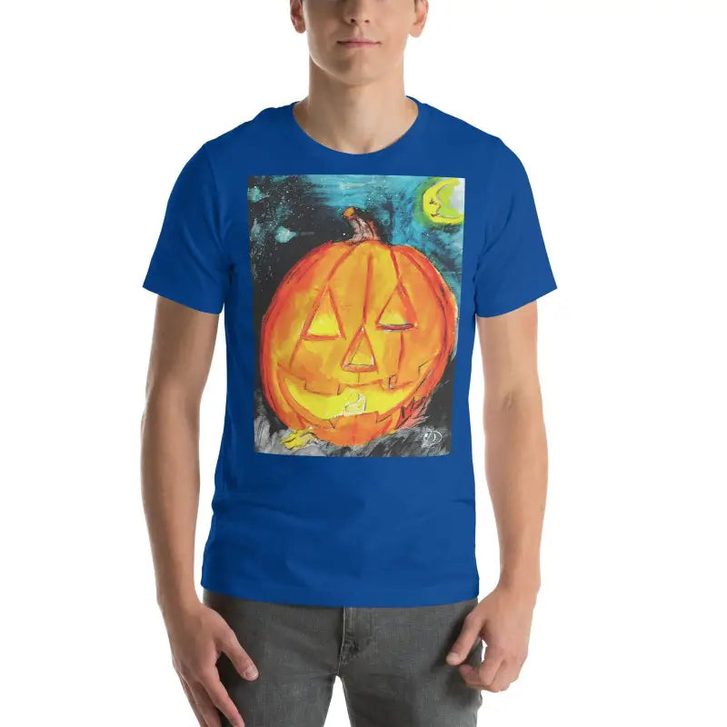 Bright blue t-shirt with jack-o-lantern design from Embrace the Spirit in Spooky Soft Unisex