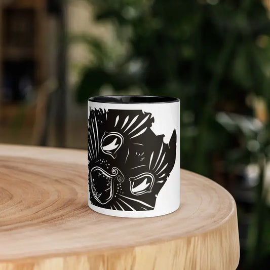 White ceramic mug with black bird design, part of Whimsical Kitty Head Ceramic Mug collection