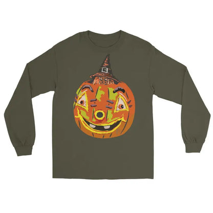 Olive green long sleeve shirt featuring a smiling jack-o’-lantern design for pumpkin witch fans