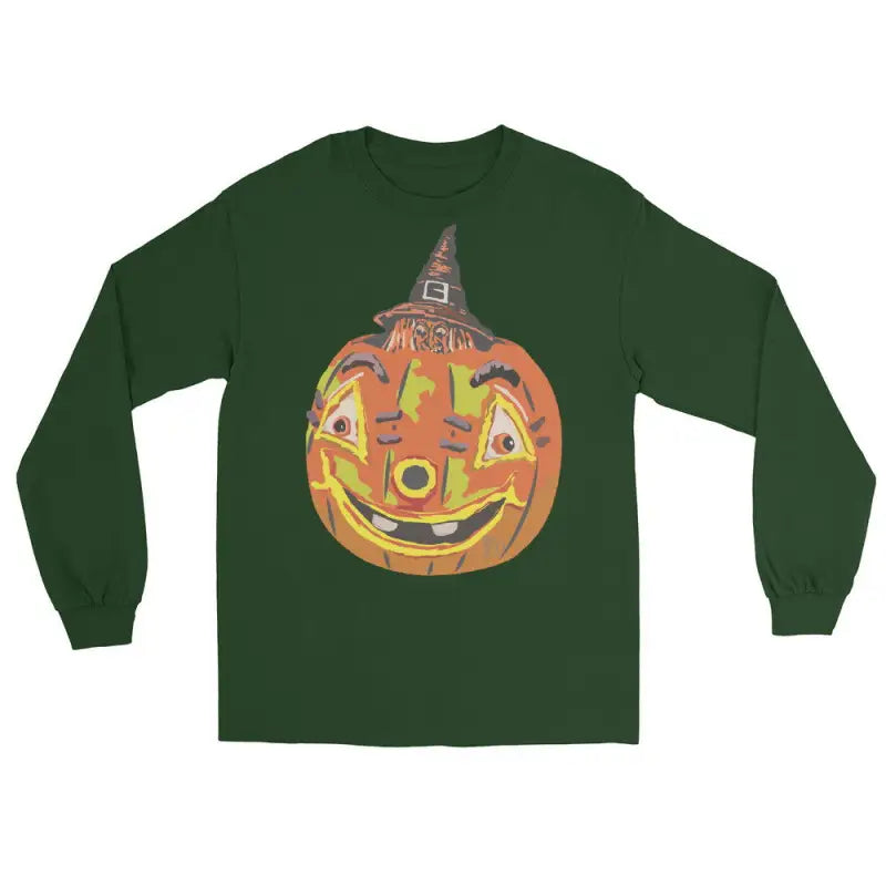 Forest green long sleeve shirt featuring a smiling jack-o’-lantern and pumpkin witch design