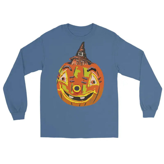 Blue long sleeve shirt featuring a smiling pumpkin witch in a whimsical design