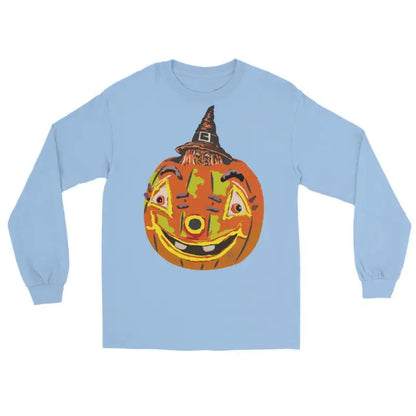 Light blue long sleeve shirt featuring a smiling pumpkin witch in a witch hat design