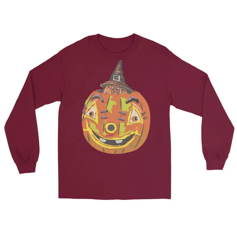 Burgundy long sleeve shirt featuring a pumpkin witch design on the back