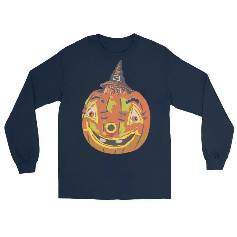 Navy blue long sleeve shirt featuring a smiling pumpkin witch design on the back