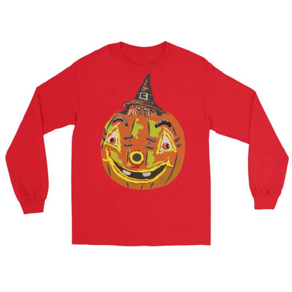 Red long sleeve shirt featuring a smiling pumpkin witch design on the back