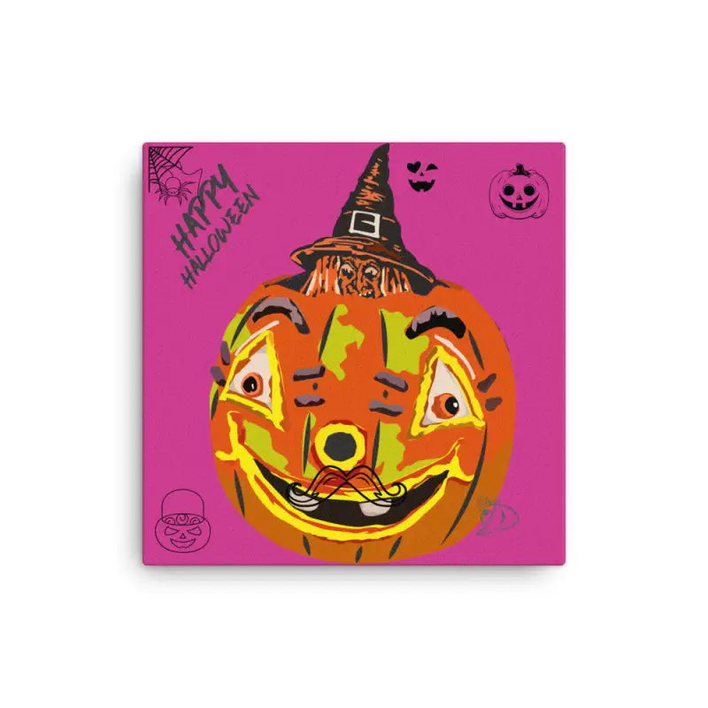 Smiling pumpkin witch in a hat on pink background, featured on slim canvas for retro Halloween