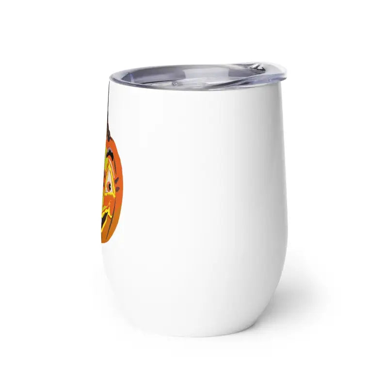 White insulated witch wine tumbler with metal rim and orange pumpkin witch logo