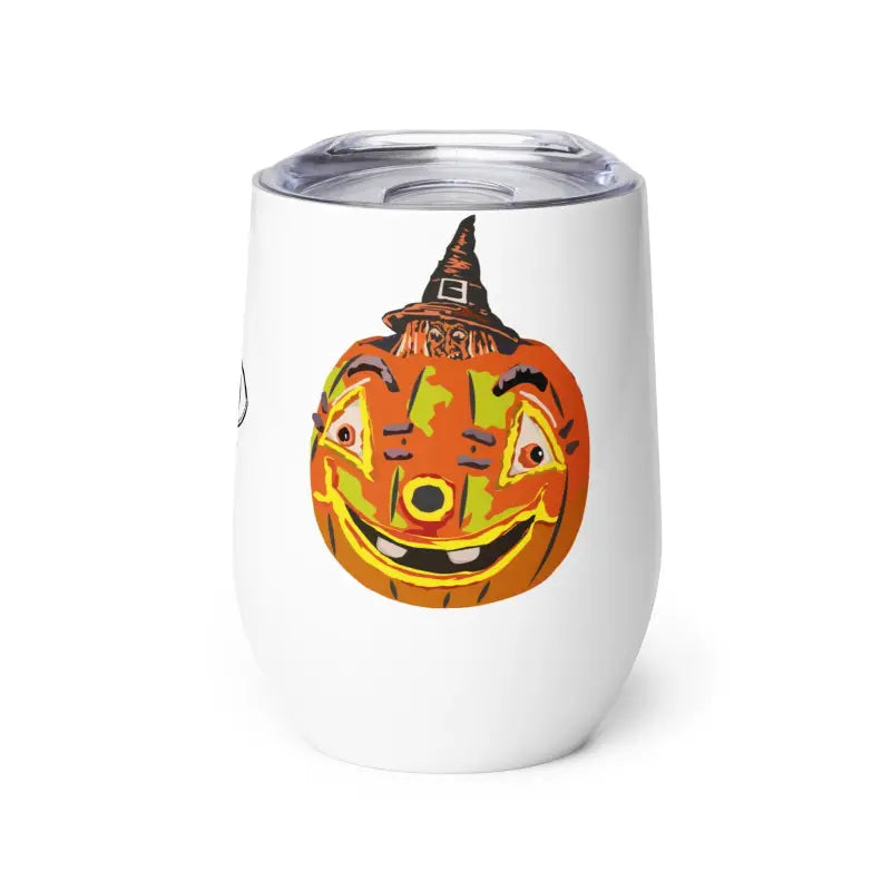 White insulated tumbler featuring a smiling jack-o-lantern for pumpkin witch wine lovers