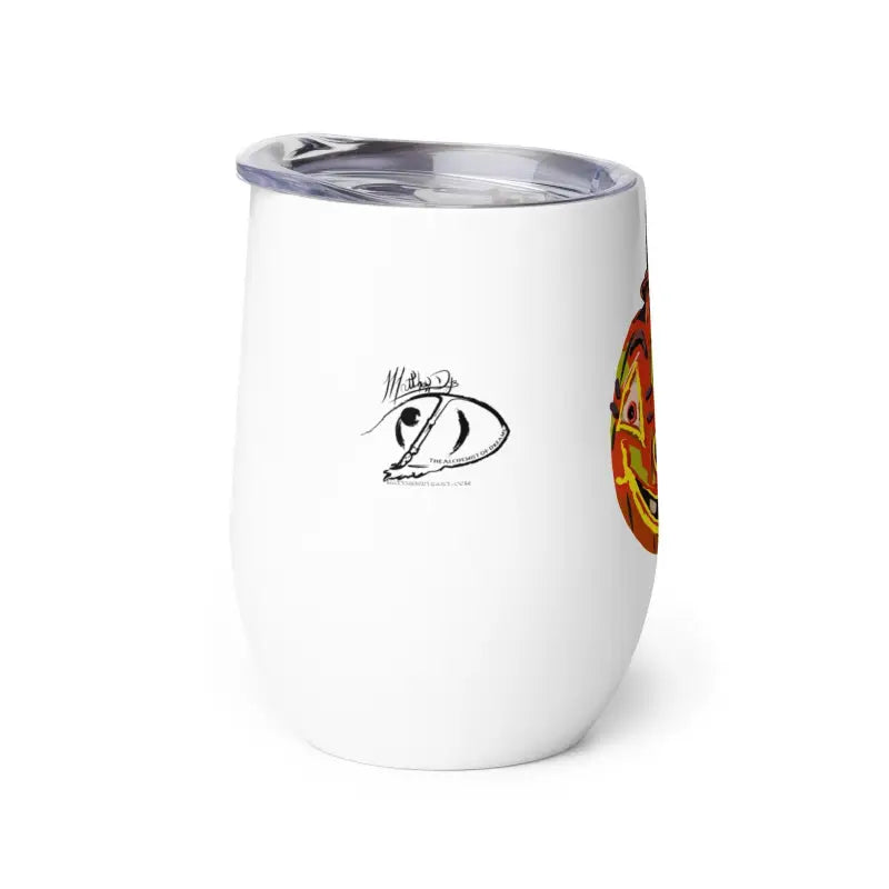 White insulated tumbler featuring a logo for Pumpkin Witch Wine Tumbler