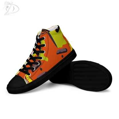 High-top sneaker in orange, yellow, and black for Pumpkin Witch Women’s High Tops