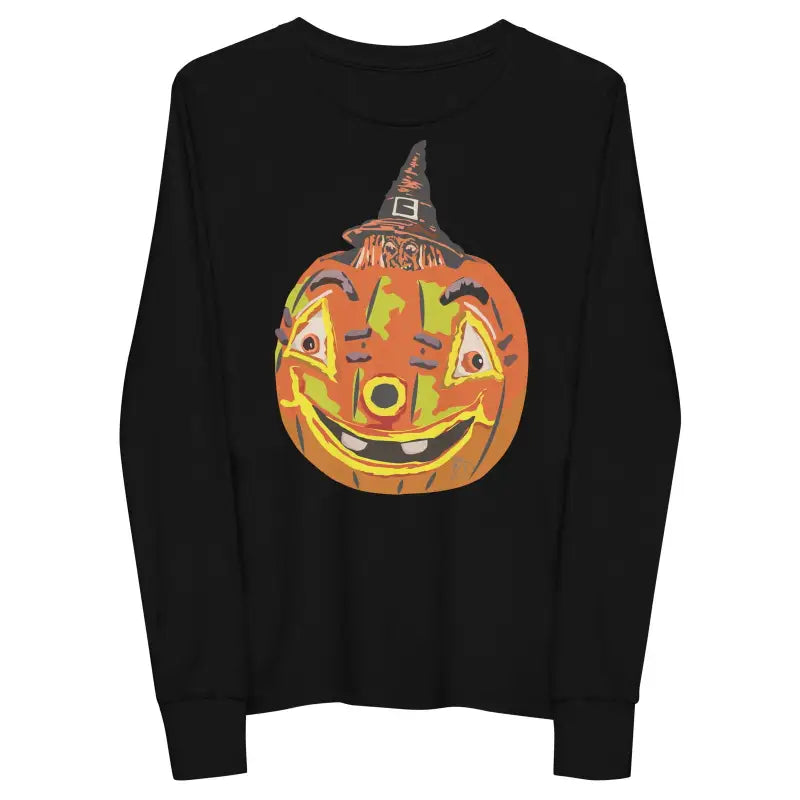 Black long sleeve tee featuring a smiling pumpkin witch in a witch hat design