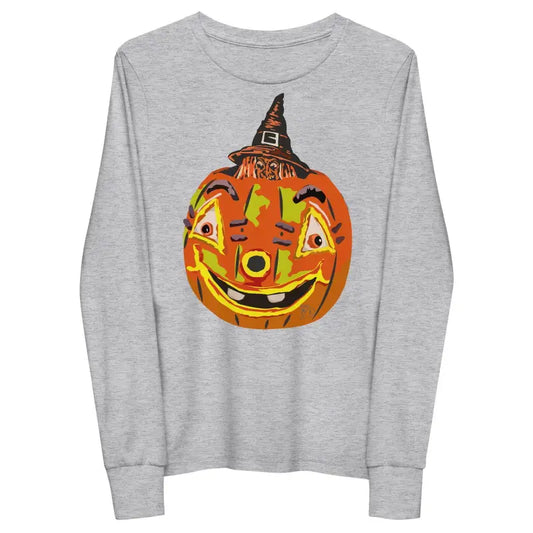 Grey long sleeve tee featuring a smiling pumpkin witch for youth during Halloween festivities