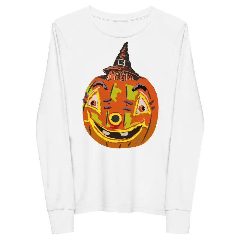 White long sleeve tee featuring a smiling pumpkin witch for youth’s Halloween celebrations