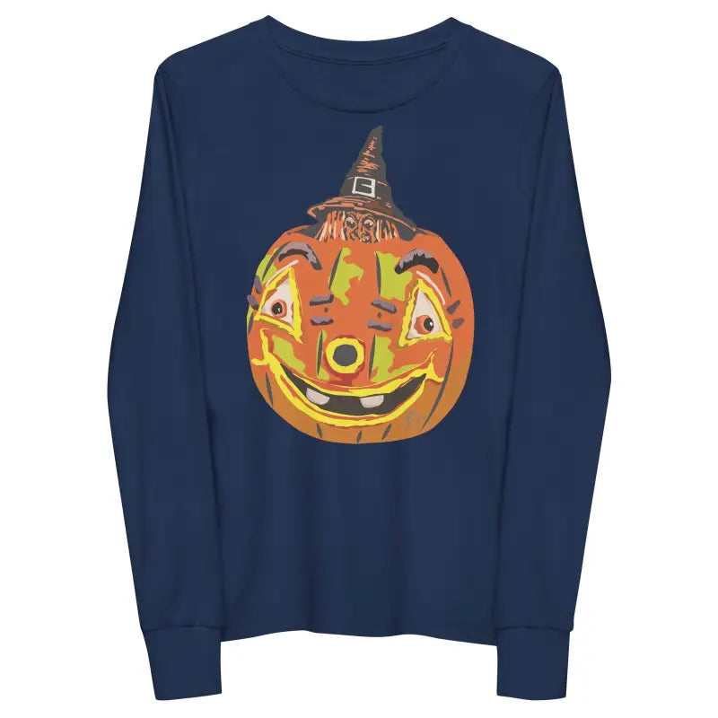 Navy blue long sleeve tee with smiling orange jack-o’-lantern for pumpkin witch youth