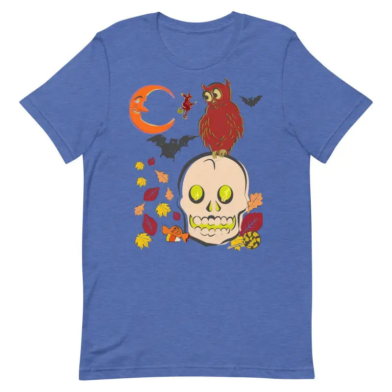 Blue unisex t-shirt with Halloween skull artwork and autumn art scene design