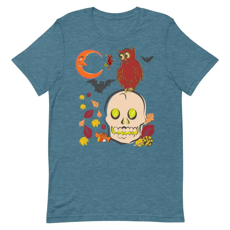 Teal unisex t-shirt featuring Halloween skull art and autumn scene with owl and bats