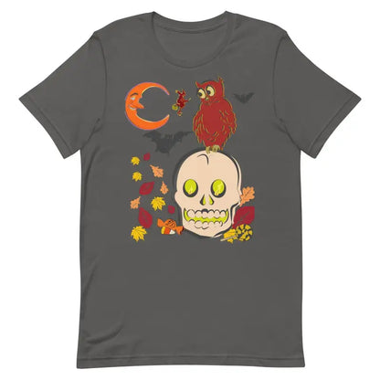 Gray unisex t-shirt featuring Halloween skull design, red owl, crescent moon, and autumn art scene