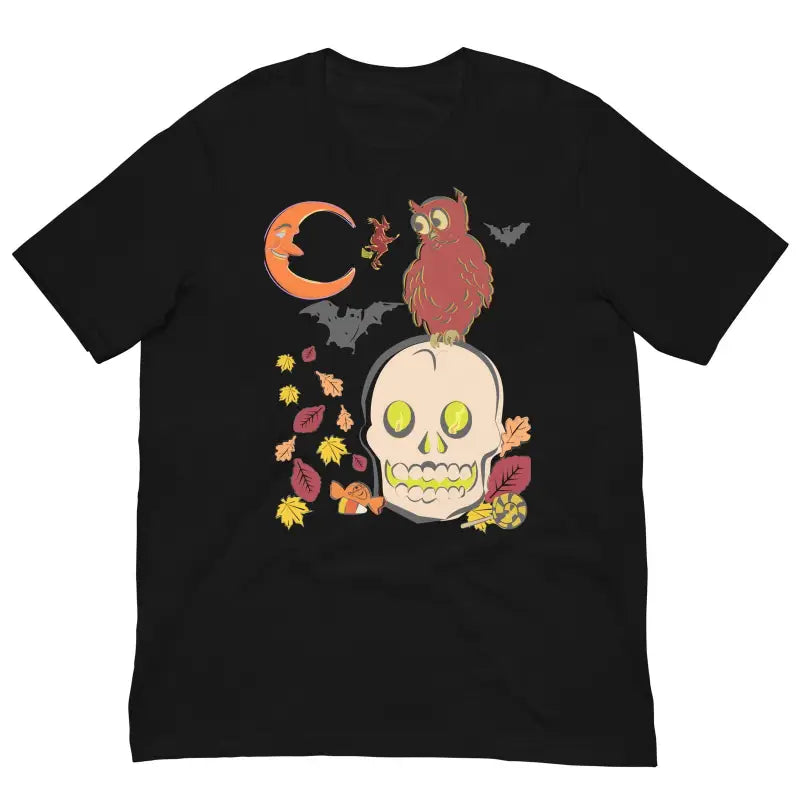 Black unisex t-shirt featuring Halloween skull design with owl, bats, and autumn art scene