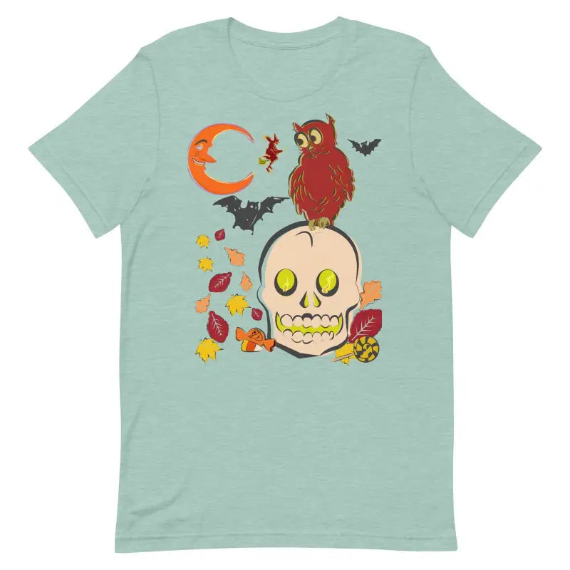 Mint green unisex t-shirt featuring Halloween skull, owl, bats, and autumn art scene