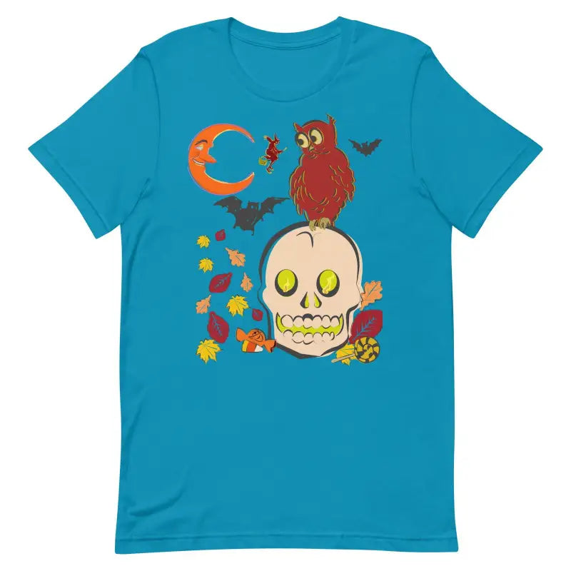 Turquoise Skull Owl Unisex T-Shirt showcasing Halloween artwork with bats and leaves