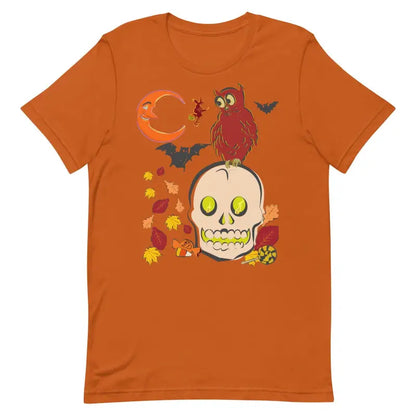 Orange Halloween t-shirt featuring skull, owl, bats, and autumn art scene design