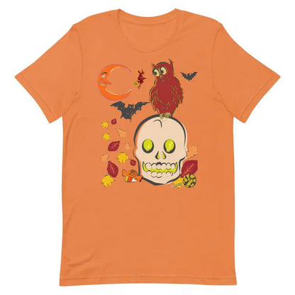 Orange Halloween Skull Owl Unisex T-Shirt with bats and autumn leaves design