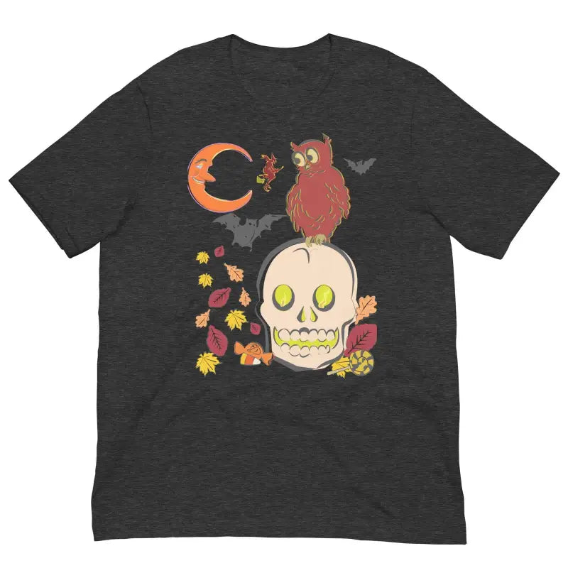 Black t-shirt featuring a Halloween skull design with owl, bats, and autumn art scene