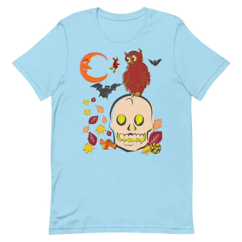 Light blue unisex t-shirt featuring Halloween skull owl art in an autumn art scene